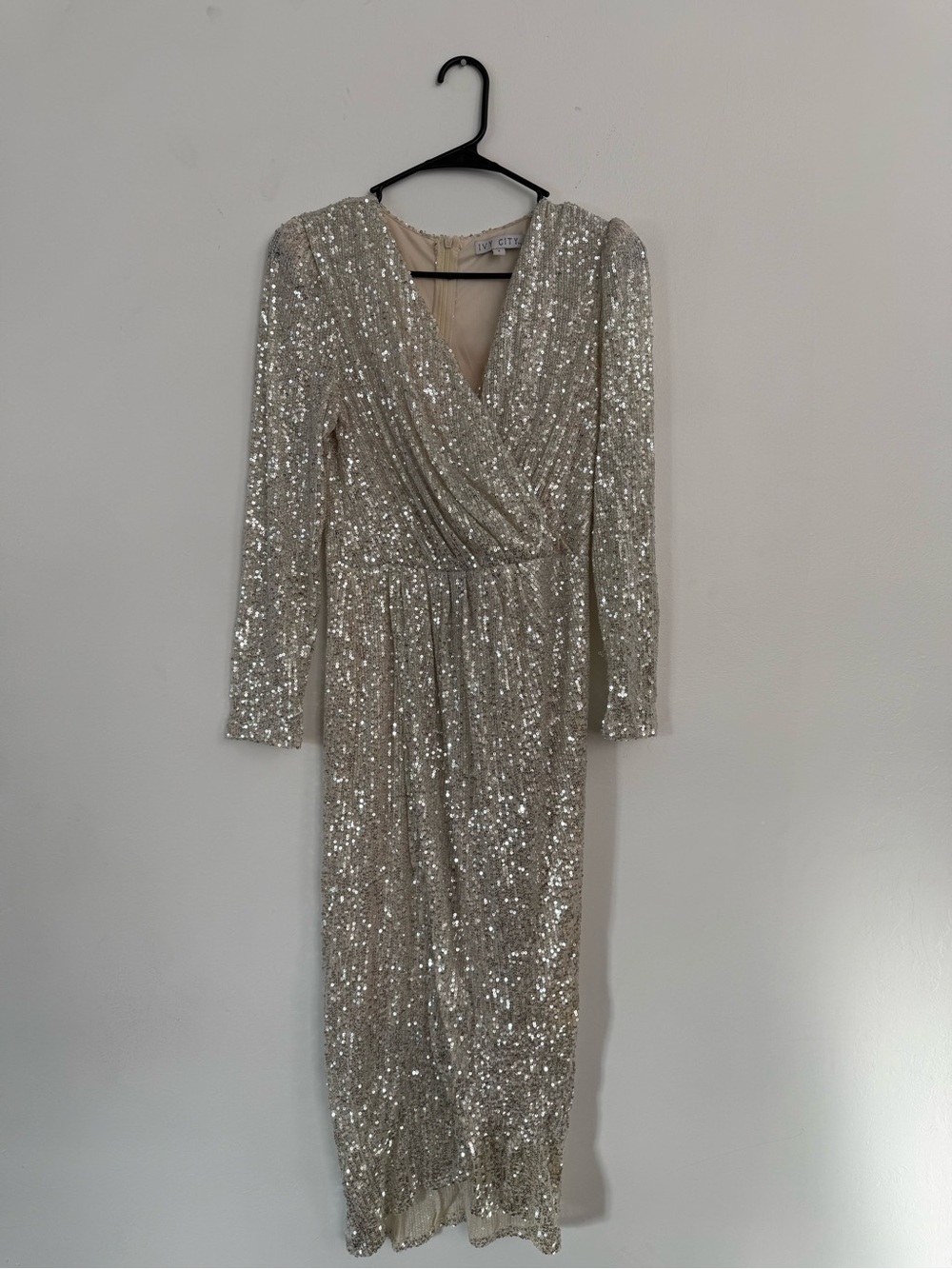 Ivy City Co Silver Sequin Wrap-Front Long Sleeve Gown